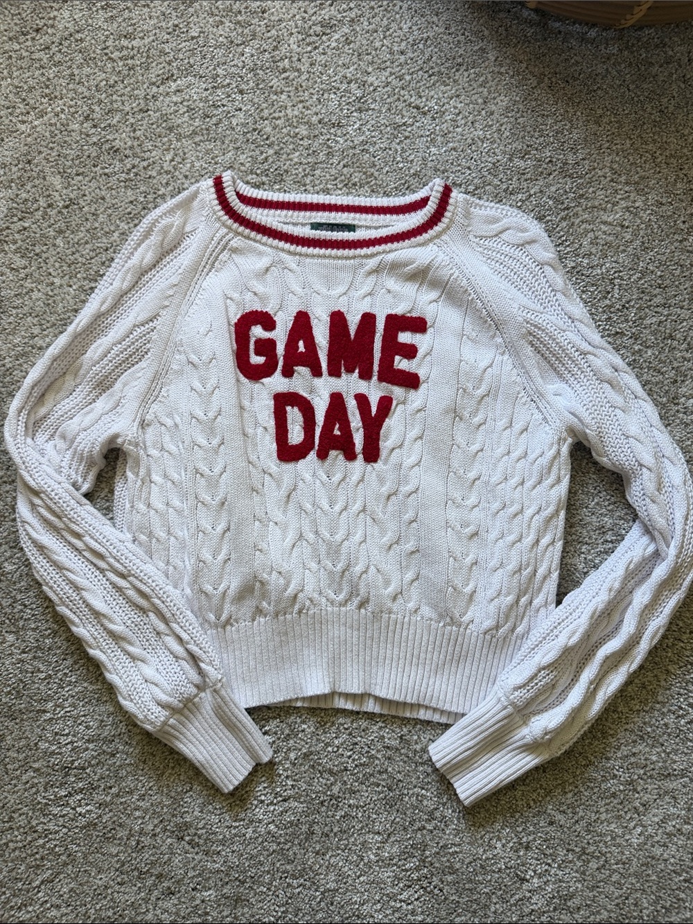 wild fable White Cable-Knit Crew Sweater with Red 'GAME DAY' Lettering